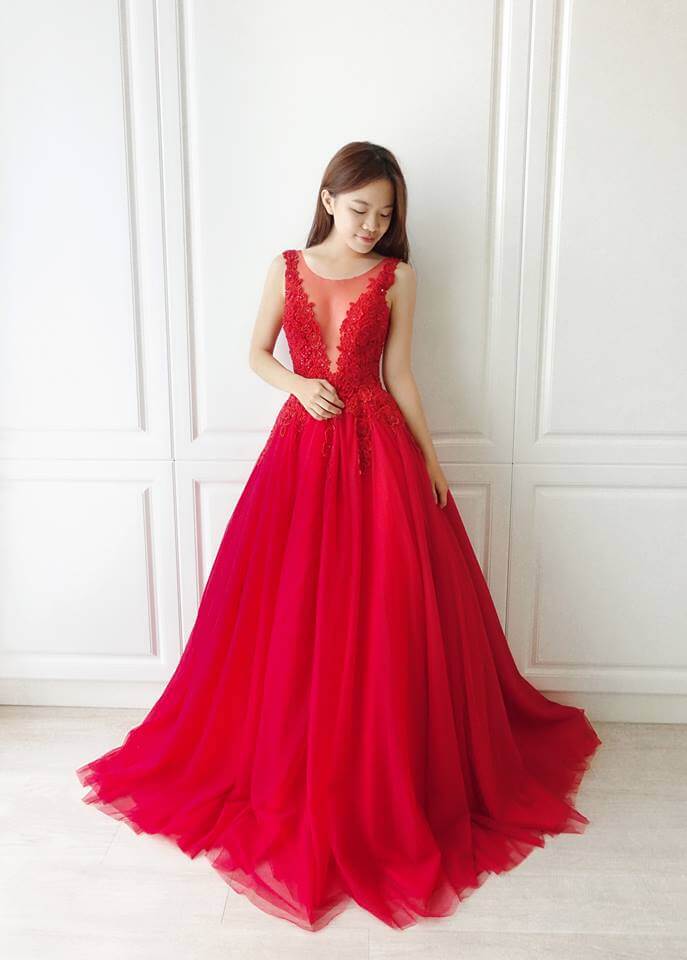 玫瑰紅深Ｖ透膚禮服- 愛情蔓延精緻婚紗 - 台中婚紗 | 禮服出租 | 婚紗推薦