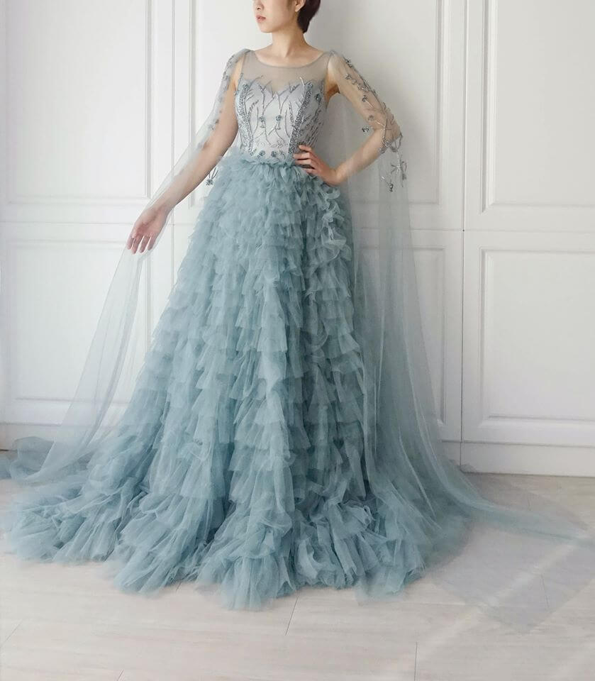煙灰藍披肩式層次禮服 - 台中婚紗 | 禮服出租 | 婚紗推薦